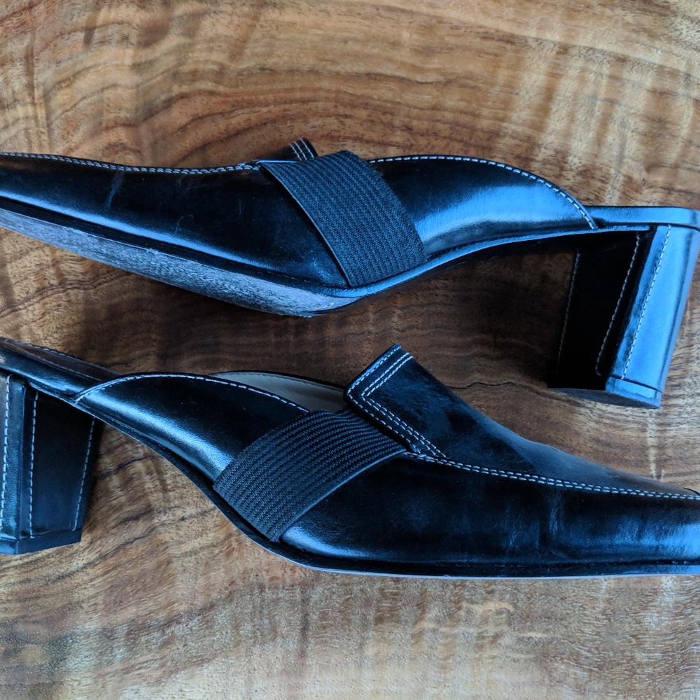 Nordstrom Stack Heel Slides Black Leather 8